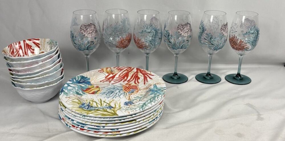 Coastal Marine Life Melamine Dinnerware And Acrylic Wine Glass Set